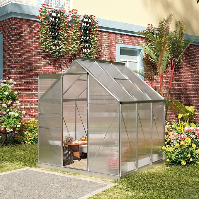 Outsunny 6' x 6' x 6.5' Polycarbonate Greenhouse with Adjustable Roof Vent Walk-in Heavy Duty Green House Kit with Aluminum Frame Sliding Door and Rain Gutter for Winter Silver