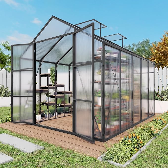 Greenhouse for Outdoors 8x10x7.8FT Polycarbonate Greenhouse with Stronger Wind Protection and Roof Vent Walk-in Large Aluminum Sunroom Winter Proof Black