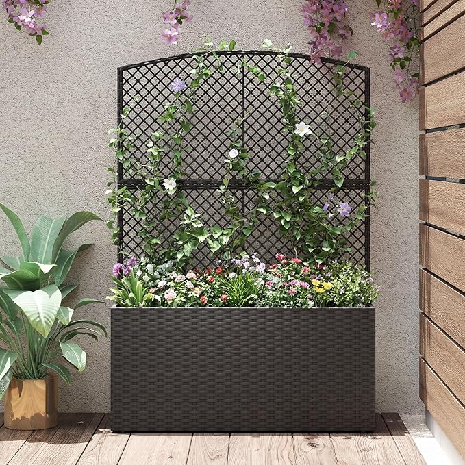 Byroce Raised Garden Bed PE Rattan Planter Box with Lattice Trellis Liner &amp Drainage Outdoor Standing Privacy Planter for Patio Balcony Climbing Plants &amp Hanging Flower (1 Black 40” x 11”