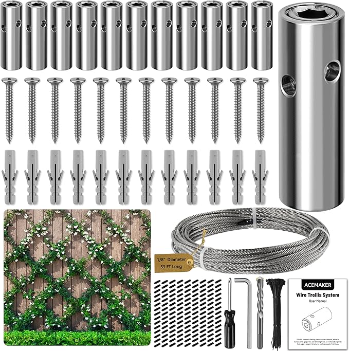 Wire Trellis for Climbing Plants Outdoor 12-Set Wall Wire Trellis Kit with 1/8in x 53ft Stainless Steel Cable T316 Cylindrical Espalier System for Fence and Garden DIY Projects