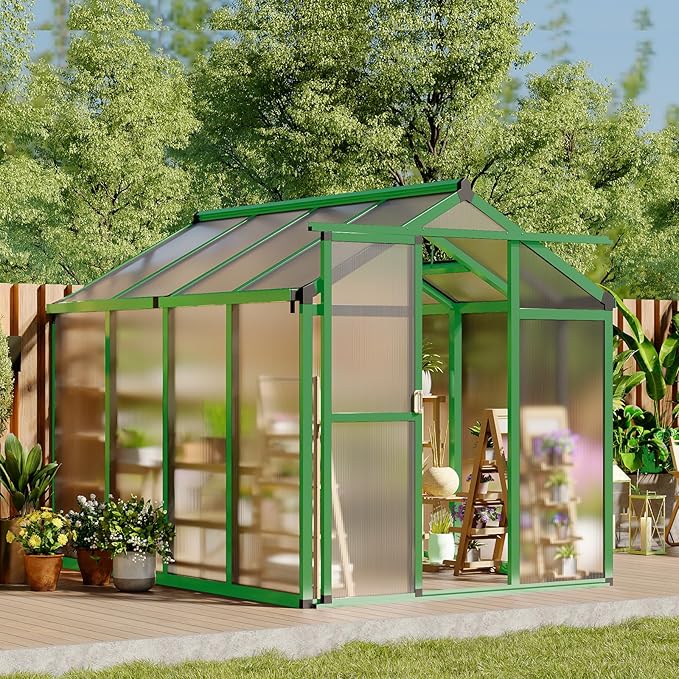 6X8 FT Greenhouse Polycarbonate Garden Greenhouse for OutdoorsAluminum Frame Green House with Lockable Door and Adjustable Roof Vent Ideal for Backyard Patio and Outside Growing