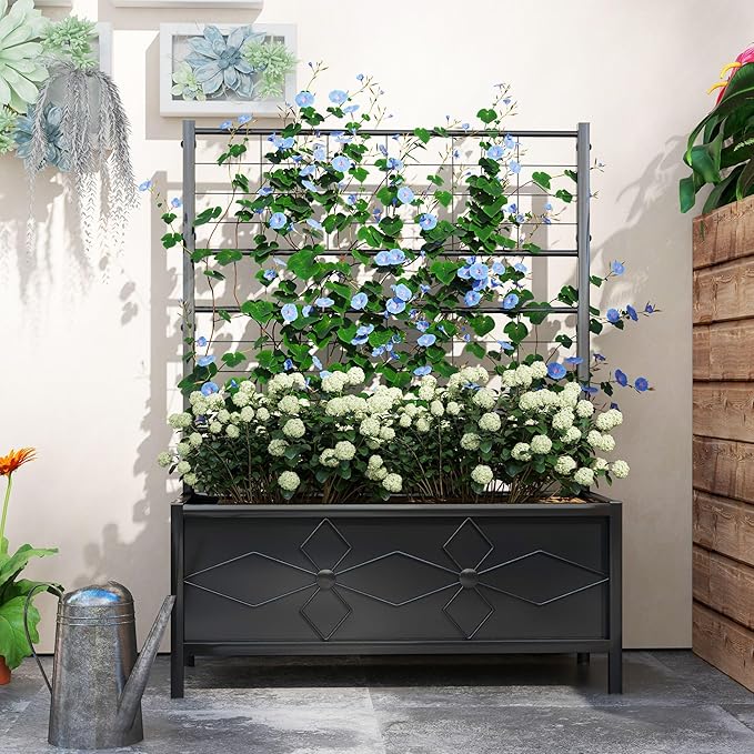 35.4x15.7x47.2 110lb Weather-Resistant Robust Durable Galvanized Steel Raised Garden Bed with Climbing Trellis and Efficient Drainage Black