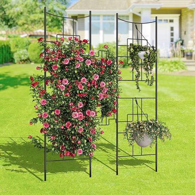 5.5 FT Black Metal Garden Trellis (51 x 66) – Rustproof Large Arch Trellis for Climbing Roses Vegetables Vines &amp Flowers – Outdoor Plant Support &amp Privacy Screen 2 PCS