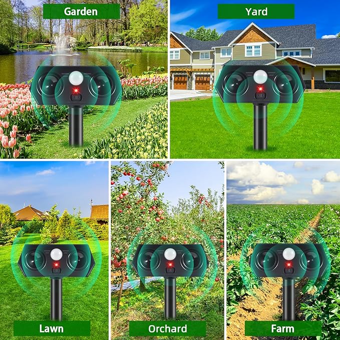 Solar Ultrasonic Animal Repellent Outdoor Deer Cat &amp Rabbit Deterrent with PIR Sensor Squirrel Raccoon Skunk &amp Dog Repeller for Yard Armadillos Scare Devices for Lawn (4 Pack)