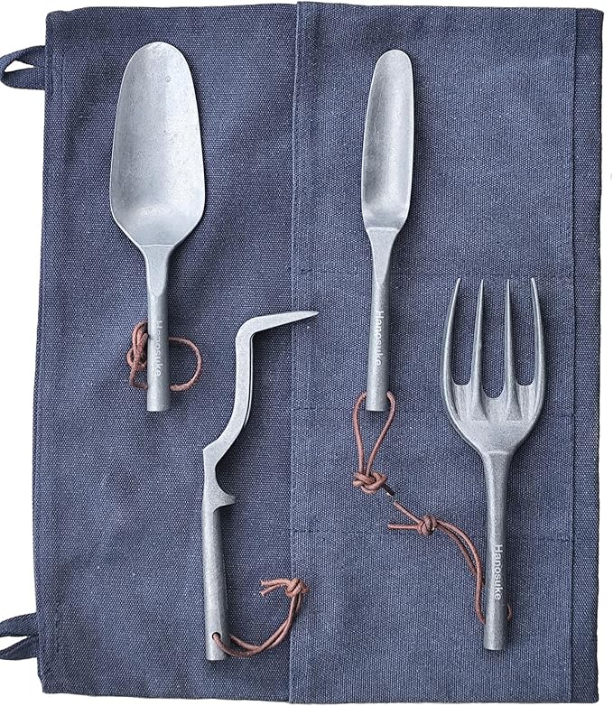 Heavy Duty Garden Tools Set with Elegant Design 4-Piece Zinc Alloy Kit Includes Large Shovel Hand Trowel 2 &amp 4 Prong Cultivator for Gardening