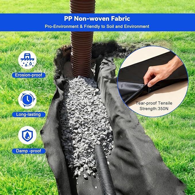 6ft X 300ft 6oz PP Geotextile Landscape Fabric Non-Woven Weed Barrier (350N Tensile/440N Load) for Driveway Stabilization Drains &amp Erosion Control(6x50ft+6oz)