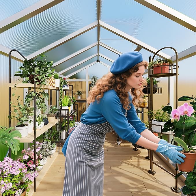 8X10FT Outdoor Greenhouse Aluminum Polycarbonate House Green Houses for Outside with Sliding Doors Ajustable Roof Vent Withstands Bad Weather for Garden or Backyard Silver