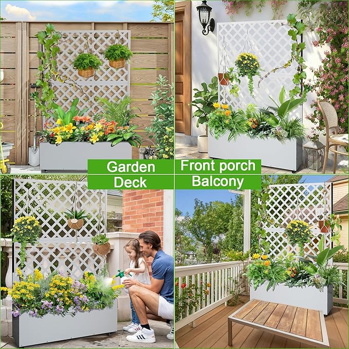 GarveeLife Metal Planter Box with Trellis 73x47x12 Raised Garden Bed with Privacy Screen Galvanized Steel Planter Box with Drainage Holes for Outdoor Climbing Plants White