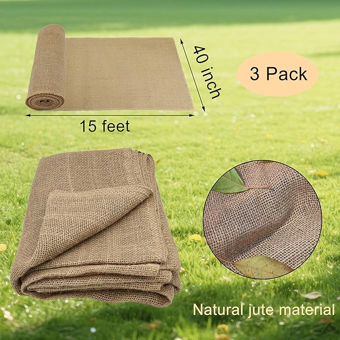3 Pack 40 x15 Feet Natural Burlap FabricMultipurpose Burlap for Weed Barrier and GardeningJute Fiber for DecorationWedding Ceremony Aisle RunnerOutdoor Plant CareTree Wrap