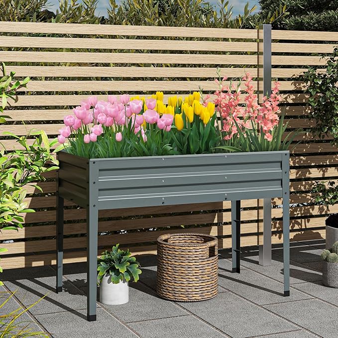 Giantex Raised Garden Bed with Legs 46”x24”x32” Galvanized Steel Planter Box with Drainage Holes for Vegetables Flowers &amp Fruits Freestanding Elevated Planting Bed Easy Assembly (Grey)