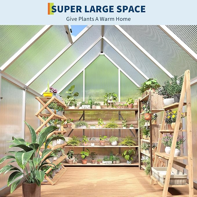 6x7 FT Outdoor Polycarbonate Greenhouse with Lockable Door Adjustable Roof Vent and Windproof Aluminum Frame Walk-in Design for Backyard or Lawn