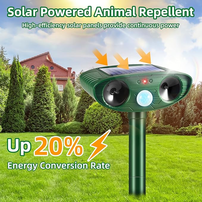 4 Pack 2026 Solar Ultrasonic Animal Repellent Cat Rabbit Deterrent Racoon Deer Repellent Devices with Motion Detection for Squirrel Dog Rodent Waterproof Skunk Repellent for Yard