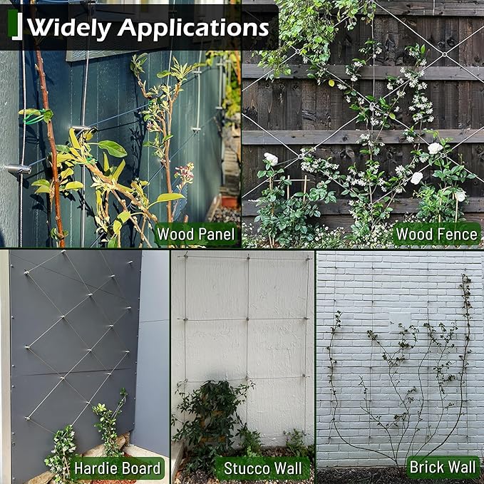 Wire Trellis for Climbing Plants Outdoor 12-Set Wall Wire Trellis Kit with 1/8in x 53ft Stainless Steel Cable T316 Cylindrical Espalier System for Fence and Garden DIY Projects
