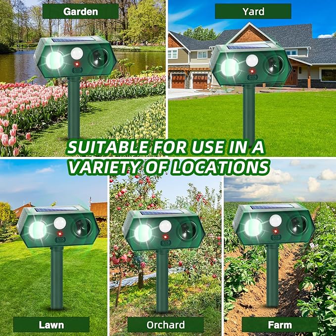 4Pack Solar Ultrasonic Animal RepellentWaterproof Deer Repellent Devices with Motion Detection2025 Cat Repellent Outdoor Squirrel Skunk Rabbit Dog Raccoon Bird Deterrents Animal Repeller for Yard