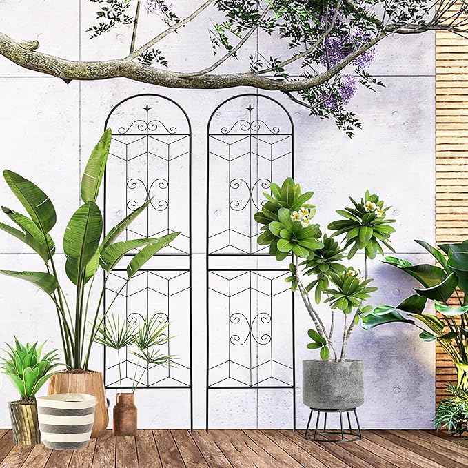 Garden Trellis Farmhouse Rustic Iron Arch Frame for Climbing Plants Heavy Duty Outdoor Metal Trellis for Garden Patio Yard Outdoor Wedding Decorations (Black B Pack of 2)