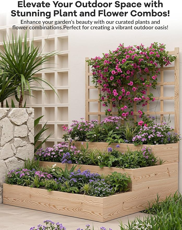 3-Tier Elevated Garden Planter Wooden Vertical Raised Bed with Trellis &amp Drainage Base – Ideal for Climbing Plants Flowers Herbs Vegetables – Outdoor Planter Box for Patio Yard or Lawn