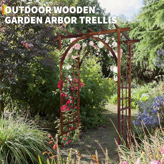 85 Wooden Garden Arbor Arch 7 ft Wood Garden Trellis with Arched and Flat Top Outdoor Walkway Arbor Stand for Plant Climbing Wedding Ceremony Decoration Pergola Patio Lawn Backyard Party