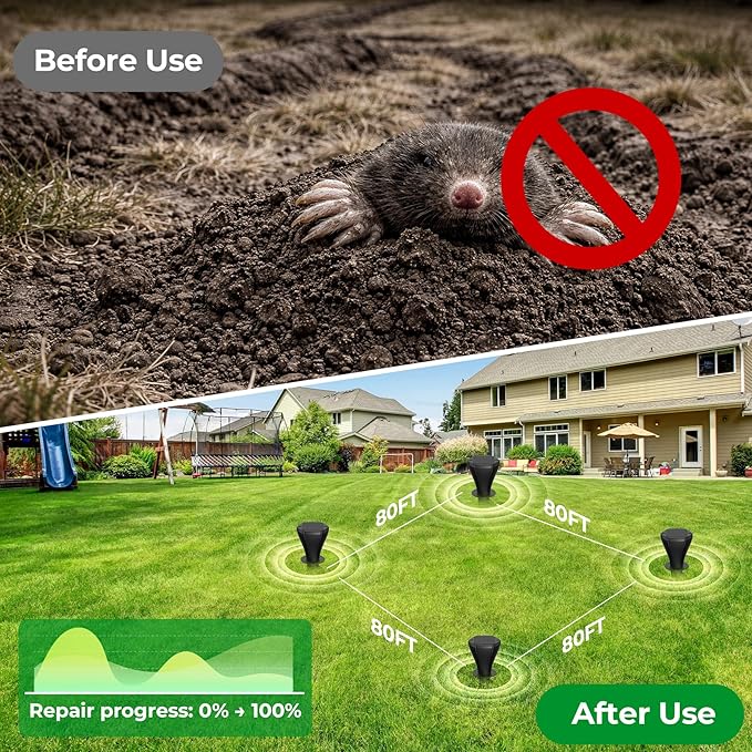 Solar Powered Mole Repellent for Lawns 8 Packs Ultrasonic Vole Repeller Outdoor IP 65 Waterproof Outdoor Ultrasonic Mole Deterrent Get Rid of Gopher Vole Skunk Groundhog Snake in Garden Yard Lawn