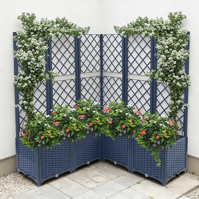 5Pcs Plastic Planter Box with Trellis 55.9 Inch Height Raised Garden Bed with Trellis Privacy Screen Planter for Climbing Plant Outdoor Planter Boxes for Backyard Patio Balcony (Blue)