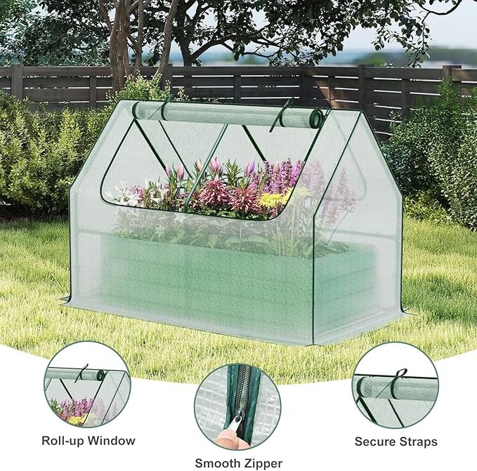 Aoodor Raised Garden Bed Kit 4x2x1 FT Galvanized Planter Box with PE Cover Screen Windows for Gardening White