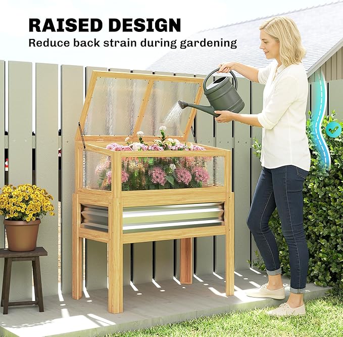 Outsunny Wooden Raised Garden Bed with Detachable Greenhouse Top Raised Garden Bed with Legs and Bed Liner Elevated Planter Box for Flowers Vegetables Herbs Natural