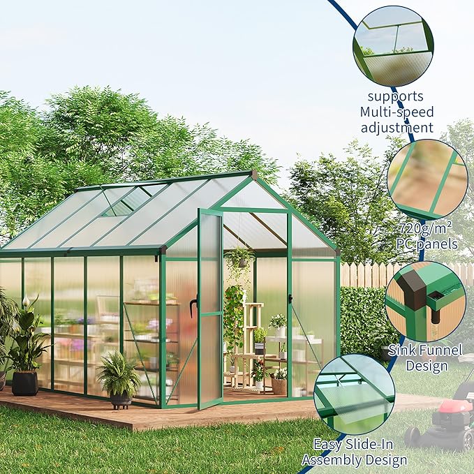 6 X 10 FT Greenhouse Outdoor Greenhouses Polycarbonate Panels with Aluminum Frame Adjustable Roof Vent and Lockable Door Green Houses for Outside Backyard Garden Patio