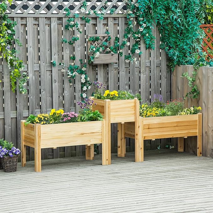 Raised Garden Bed Set of 3 Wooden Elevated Planter Box with Legs and Bed Liner for Backyard and Patio to Grow Vegetables Herbs and Flowers Natural