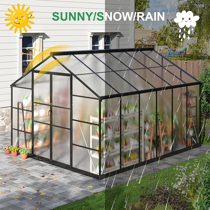 WKM 10x12 FT Greenhouse Enhanced Aluminum Frame Greenhouses for Outdoors Withstands Strong Wind or Snow Green House with Swing Door Green Houses for Outside Garden Backyard Black