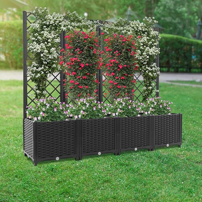 4-Pack Elevated Planter Box with Climbing Trellis 33lbs Capacity Raised Garden Bed Adjustable Vertical Planting Box with Drainage Plugs for Balcony Patio Backyard Flowers(Dark Black)