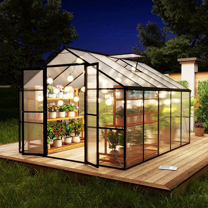 8 x 10 FT Outdoor Greenhouse Heavy-Duty Polycarbonate Greenhouse with Aluminum Frame Lockable Door Adjustable Roof Vent Walk-in Green House for Backyard Garden Patio