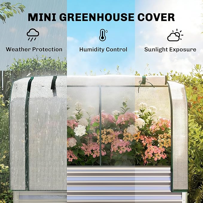 Outsunny Galvanised Raised Garden Bed with Greenhouse Cover Metal Elevated Garden Bed with Legs Bed Liner and Bottom Shelf Outdoor Raised Planter Box for Vegetables Herbs Flowers Silver
