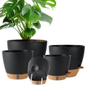 Self Watering Pots for Inoor Ourdoor Plants 10/9/8/7/6.5 Inch Plastic Planters with Drainage Holes &amp Water Level Indicator Decorative House Flower Nursery Planting Pots with Saucers (Black)