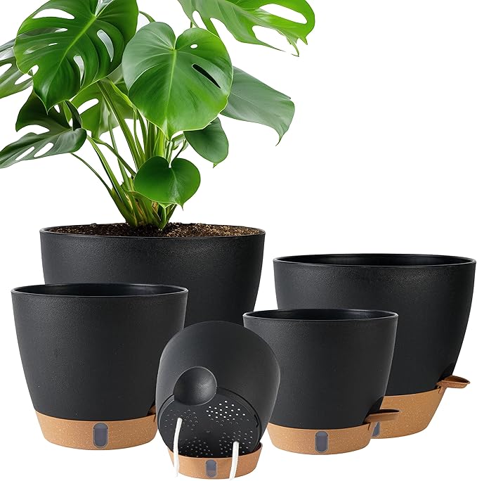Self Watering Pots for Inoor Ourdoor Plants 10/9/8/7/6.5 Inch Plastic Planters with Drainage Holes &amp Water Level Indicator Decorative House Flower Nursery Planting Pots with Saucers (Black)