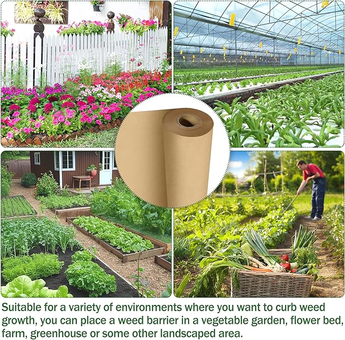 120 x 4 Ft Biodegradable Paper Weed Barrier Garden Paper Weed Barrier with U-Shaped Ground Nails Biodegradable Landscape Fabric Weedguard Plus Paper Mulch for Weed Control &amp Holds Soil Moisture