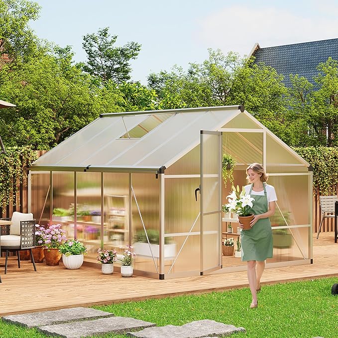 8X10FT Outdoor Greenhouse Aluminum Polycarbonate House Green Houses for Outside with Sliding Doors Ajustable Roof Vent Withstands Bad Weather for Garden or Backyard Silver