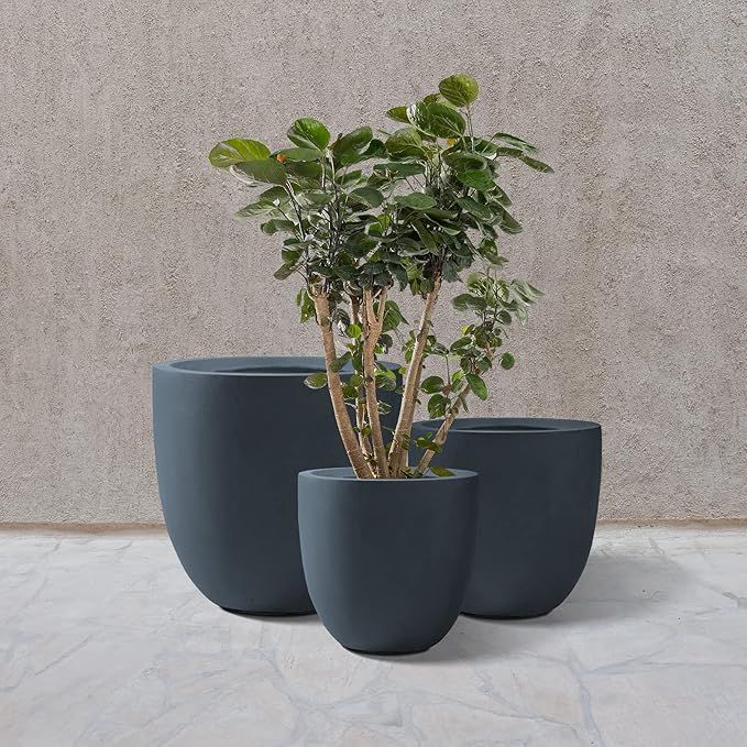 Kante 2016.513.4 Dia Round Concrete Planters (Set of 3) Outdoor Indoor Modern Decorative Plant Pots with Drainage Hole &amp Rubber Plug for Home &amp Garden Charcoal