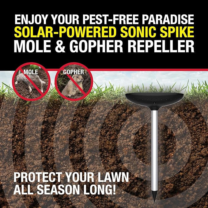 Sonic Spike Mole &amp Gopher Repeller - Solar Powered Ultrasonic Animal Repellent Spikes - Repels Rodents from Lawn Garden &amp Home (2 Pack)