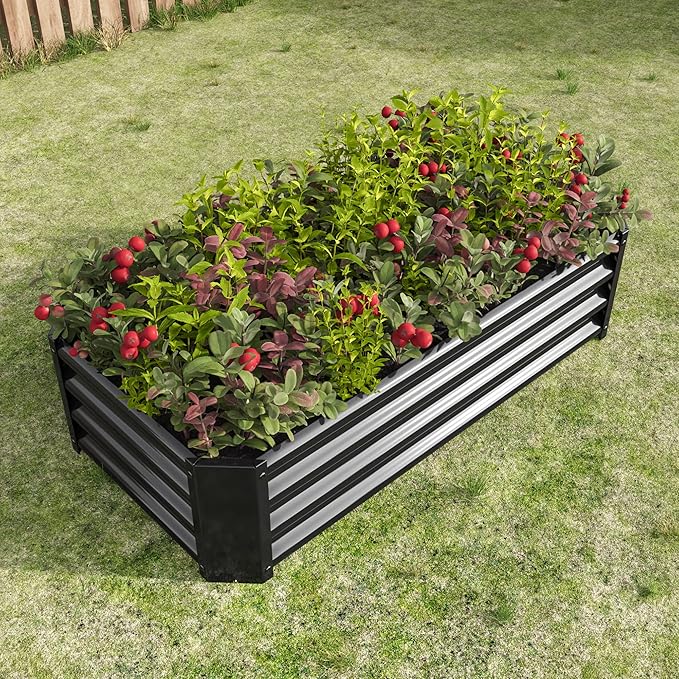 Metal Raised Garden Bed Rectangle Raised Planter 4×2×1ft for Flowers Plants Vegetables Herb Black