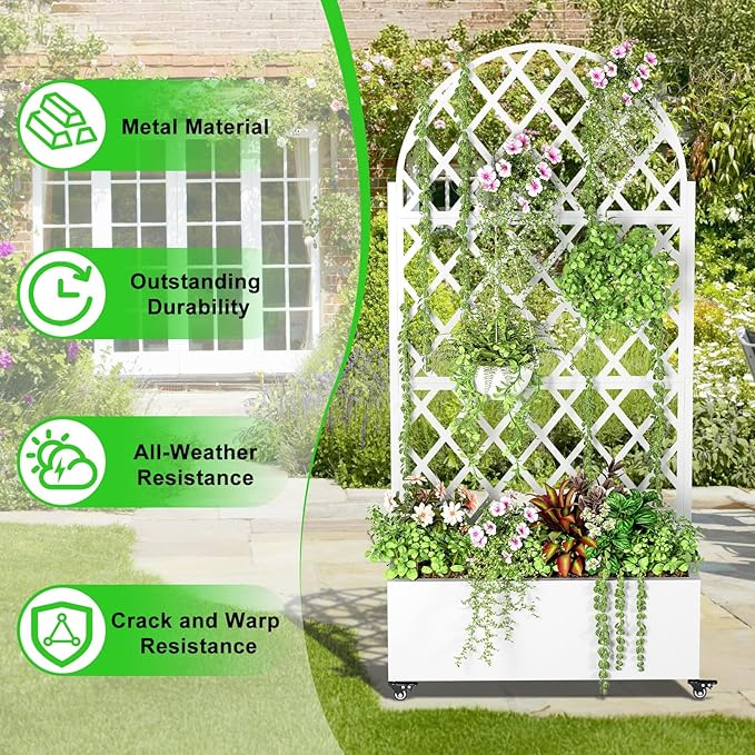 Galvanized Steel Planter Box with Trellis 72.8 H Vertical Garden &amp Privacy Screen Space-Saving Design with Wheels and Drainage Holes for Outdoor Rust-Resistant Raised Garden Bed Black