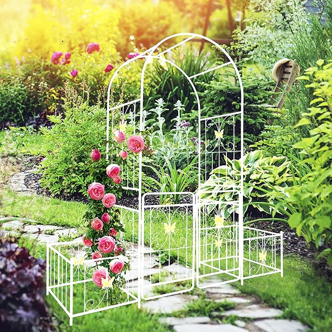 86''H Metal Garden Arch Rustproof Garden Arbor Trellis with Two Plants Stand and Gate 0.63'' Dia Galvanized Tube Plant Trellis for Climbing Plants Rose Jasmine (Cream White)