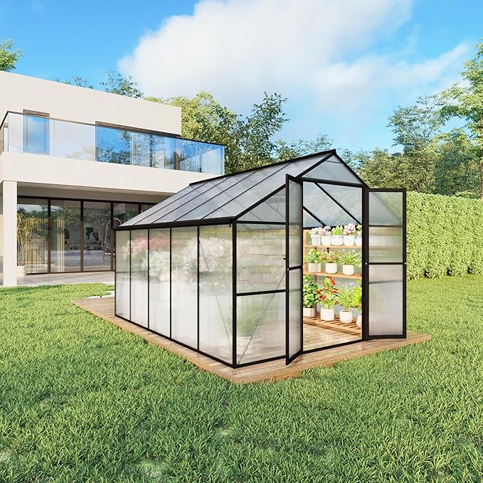 8X10 FT Greenhouses for Outdoors Aluminum Large Polycarbonate Greenhouse Quick Setup Walk in Green House with Roof Vent and Swing Lockable Door for Outside Black (119 W x 96 D x 77 H)