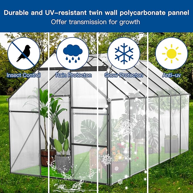 KEIKI 6x12 FT Polycarbonate Greenhouse with Aluminum FrameRaised Base and Roof VentWalk-in Greenhouses for Patio Garden