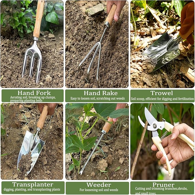 14 PCS Garden Tool Set with Soil Moisture Meter Stainless Stell Heavy Duty Gardening Hand Tools with Wood Handle Tote Bag Repotting Mat Gardening Tool Set Ideal Gift for Women and Men