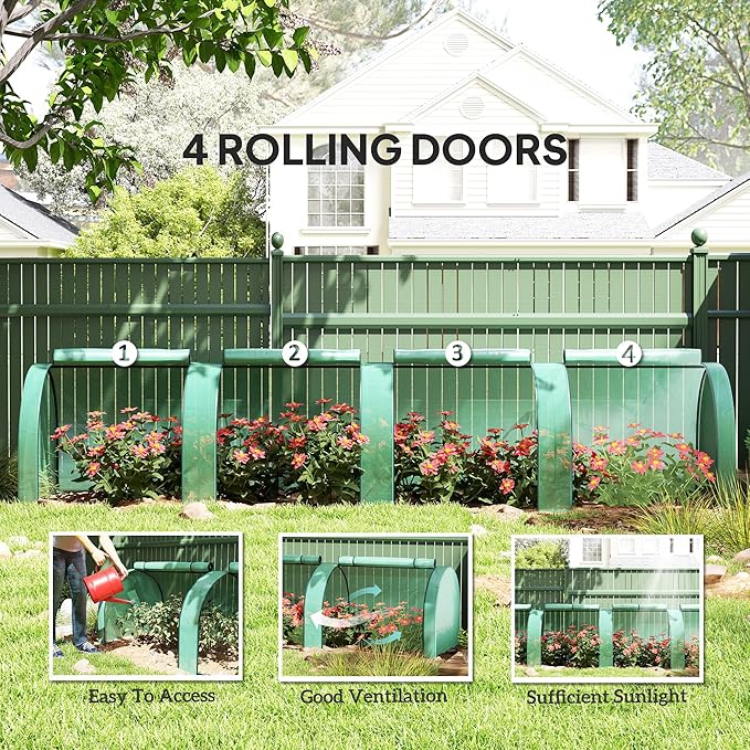 Outsunny 13' x 3' x 2.5' Mini Greenhouse Portable Tunnel Green House with Roll-Up Zippered Doors UV Waterproof PE Cover Steel Frame Green