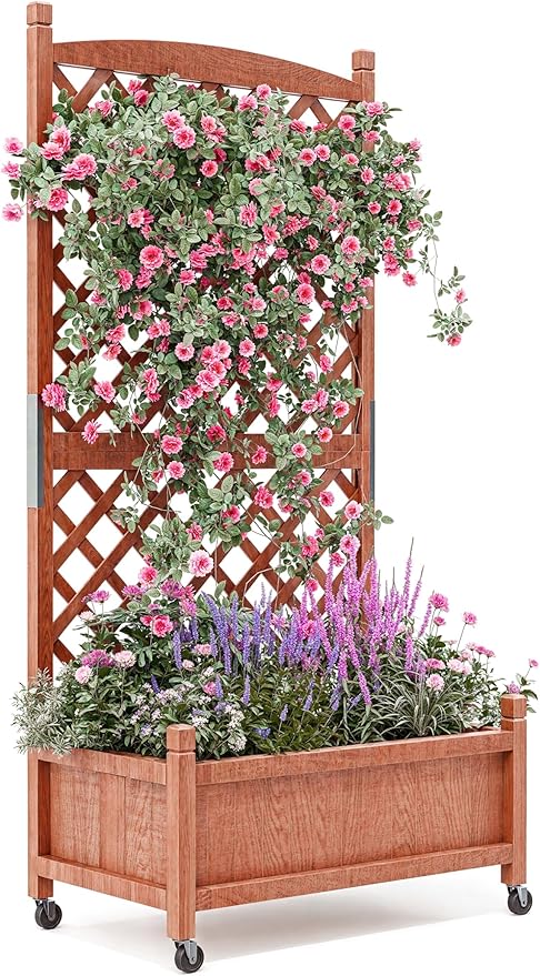60 Inch Movable Raised Garden Bed with Trellis and Wheels Wooden Freestanding Planter Box for Climbing Plants Vegetables Flowers Outdoor &amp Indoor Natural Fir Wood