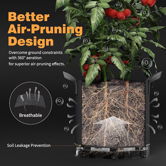 Self-Watering Grow Bags 5-Pack 5 Gallon 420G Thick Nonwoven Fabric Pots with Reinforced Handles and Multi-Purpose Rings for Low Stress Plant Training Fruits Vegetablesand Flowers