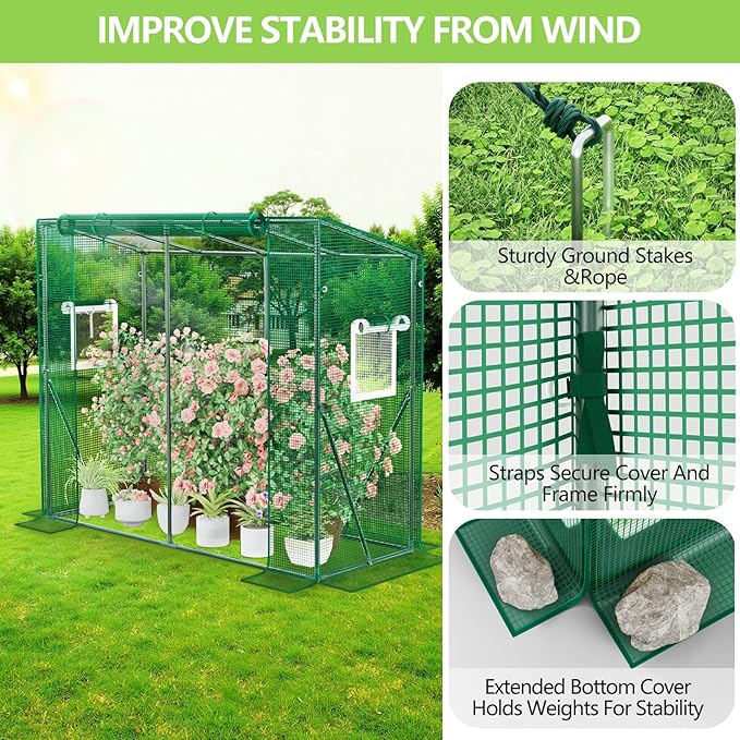 SPECILITE Heavy Duty Lean to Greenhouse for Outside Portable Walk-in Green House with Thicken PE Cover Roll-Up Zippered Door &amp 2 Ventilation Mesh Windows Large Plastic Greenhouses for Outdoors