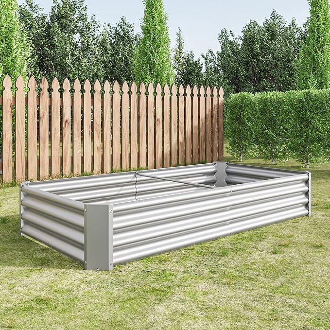 Raised Garden Bed Outdoor 6×3×1ft Metal Raised Rectangle Planter Beds for Plants Vegetables and Flowers - Silver