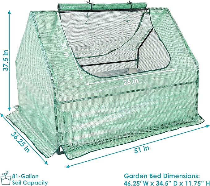 Sunnydaze Steel Raised Garden Bed with Mini Greenhouse - Outdoor Greenhouse Kit - 2 Zippered Doors - Green - 4' x 3'