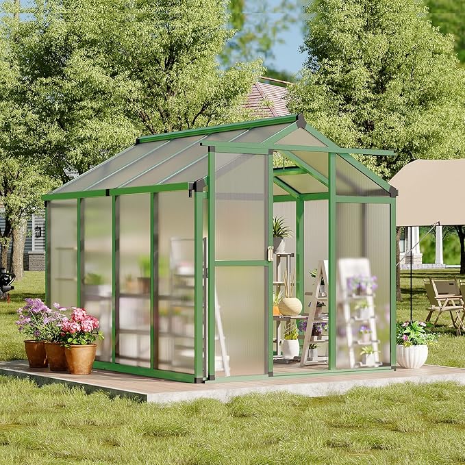 6X8 FT Greenhouse Polycarbonate Garden Greenhouse for OutdoorsAluminum Frame Green House with Lockable Door and Adjustable Roof Vent Ideal for Backyard Patio and Outside Growing